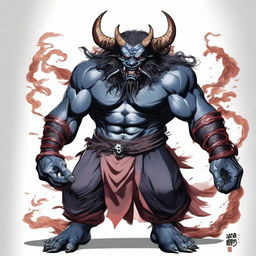 Generate a high quality image of an Oni, a mythological demon from Japanese folklore, known for its menacing appearance with sharp claws, wild hair, and two long horns growing from its head