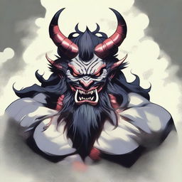 Generate a high quality image of an Oni, a mythological demon from Japanese folklore, known for its menacing appearance with sharp claws, wild hair, and two long horns growing from its head