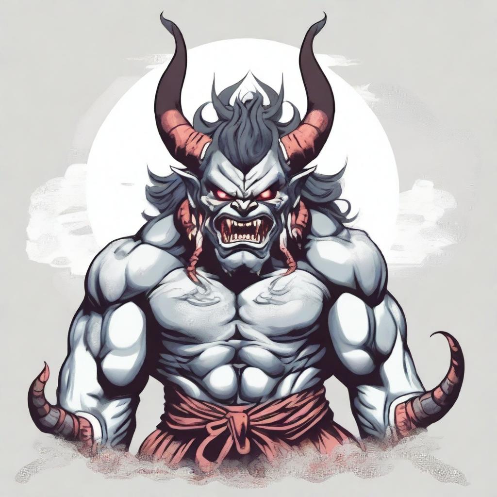 Generate a high quality image of an Oni, a mythological demon from Japanese folklore, known for its menacing appearance with sharp claws, wild hair, and two long horns growing from its head