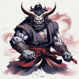 Generate a high quality image of an Oni, a mythological demon from Japanese folklore, appearing menacing with sharp claws, wild hair, and two long horns growing from its head, about to cut off a Samurai's head