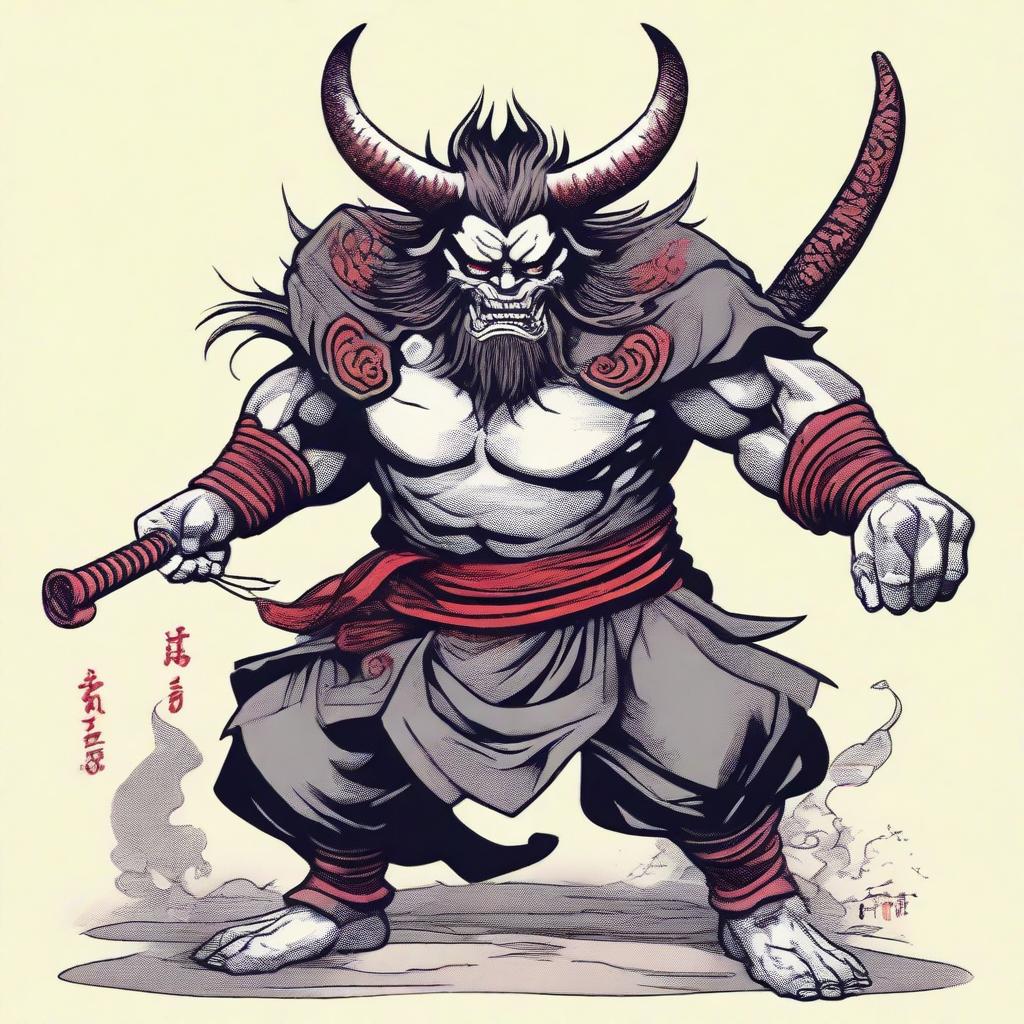 Generate a high quality image of an Oni, a mythological demon from Japanese folklore, appearing menacing with sharp claws, wild hair, and two long horns growing from its head, about to cut off a Samurai's head