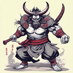 Generate a high quality image of an Oni, a mythological demon from Japanese folklore, appearing menacing with sharp claws, wild hair, and two long horns growing from its head, about to cut off a Samurai's head