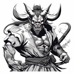 Generate a high quality image of an Oni, a mythological demon from Japanese folklore, appearing menacing with sharp claws, wild hair, and two long horns growing from its head, about to cut off a Samurai's head