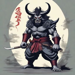 Generate a high quality image of an Oni, a mythological demon from Japanese folklore, appearing menacing with sharp claws, wild hair, and two long horns growing from its head, about to cut off a Samurai's head