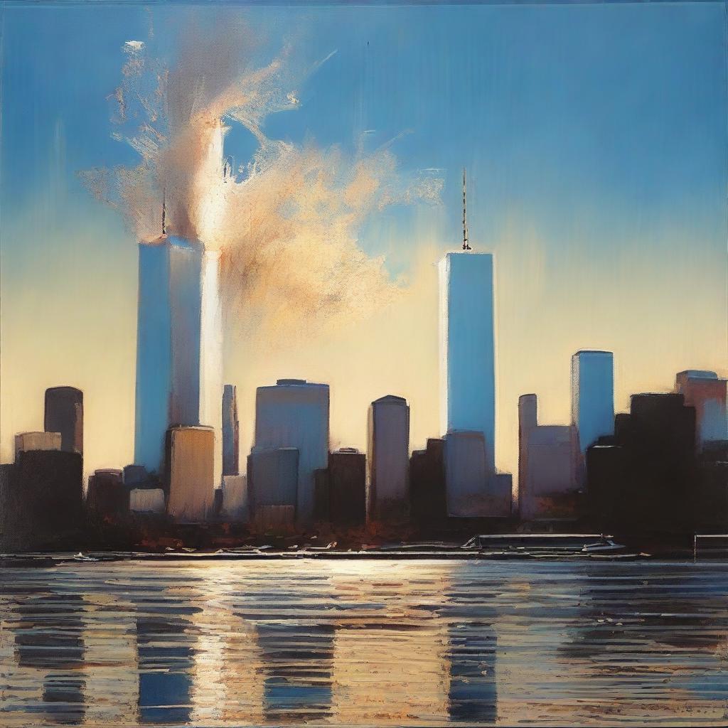 An intense scene featuring an explosion in the distance, far away from the iconic Twin Towers of the World Trade Center in New York City