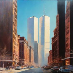 An intense scene featuring an explosion in the distance, far away from the iconic Twin Towers of the World Trade Center in New York City