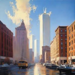 An intense scene featuring an explosion in the distance, far away from the iconic Twin Towers of the World Trade Center in New York City