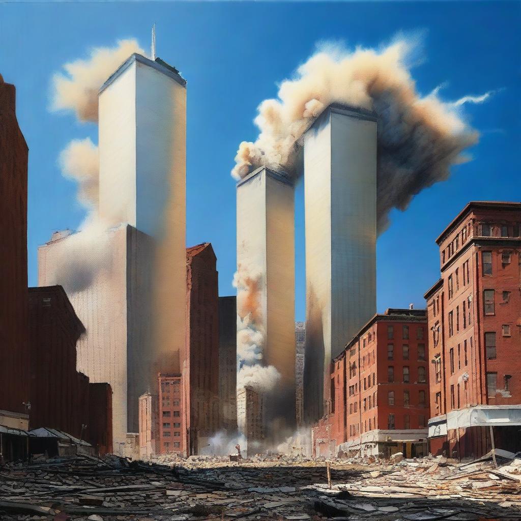 A dramatic scene featuring a large explosion in the distance, far from the iconic Twin Towers of the World Trade Center in New York City