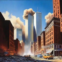 A dramatic scene featuring a large explosion in the distance, far from the iconic Twin Towers of the World Trade Center in New York City