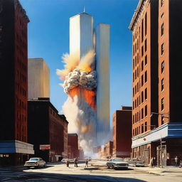 A dramatic scene featuring a large explosion in the distance, far from the iconic Twin Towers of the World Trade Center in New York City