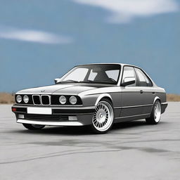 Generate an image of a BMW E34 series car in gray color, equipped with sporty wheels