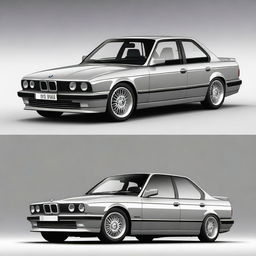 Generate an image of a BMW E34 series car in gray color, equipped with sporty wheels