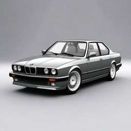 Generate an image of a BMW E34 series car in gray color, equipped with sporty wheels