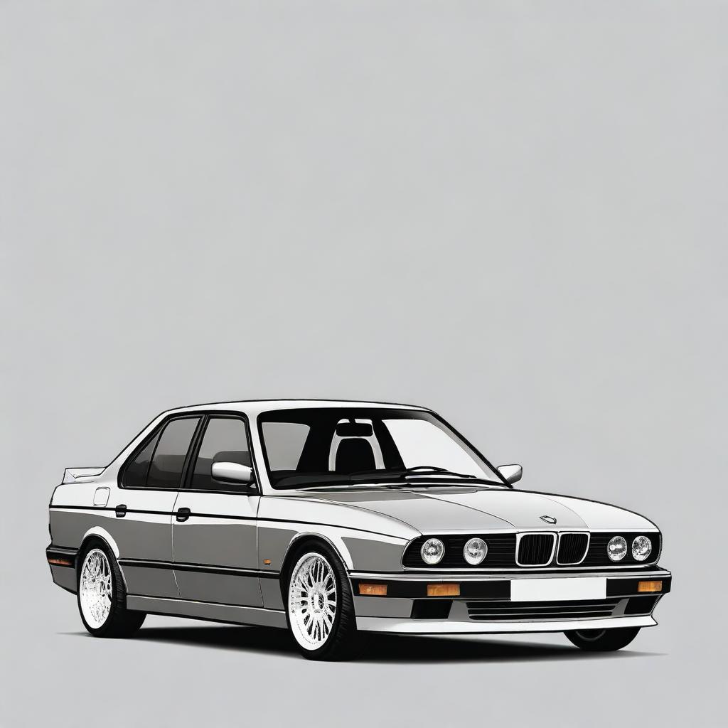 Generate an image of a BMW E34 series car in gray color, equipped with sporty wheels