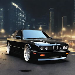 Generate an image of a BMW E34 series car in black color with a low ride