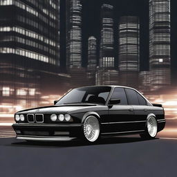 Generate an image of a BMW E34 series car in black color with a low ride