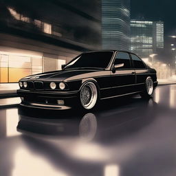 Generate an image of a BMW E34 series car in black color with a low ride