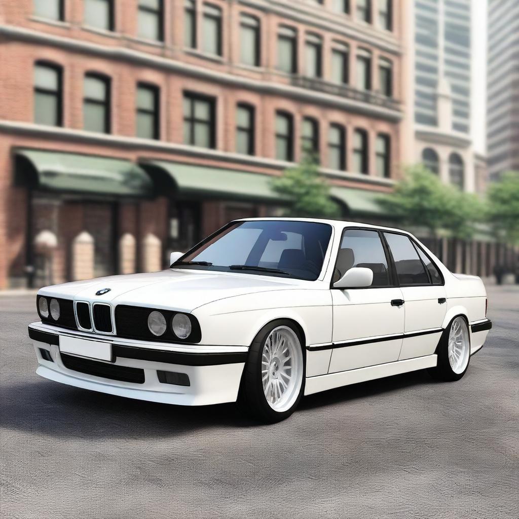 Generate an image of a BMW E34 series car in white color with a low ride