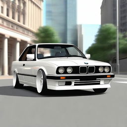 Generate an image of a BMW E34 series car in white color with a low ride