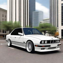 Generate an image of a BMW E34 series car in white color with a low ride