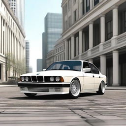 Generate an image of a BMW E34 series car in white color with a low ride