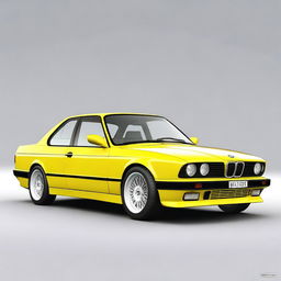 Generate an image of a yellow BMW E34 series car with a low ride