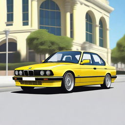 Generate an image of a yellow BMW E34 series car with a low ride