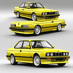 Generate an image of a yellow BMW E34 series car with a low ride