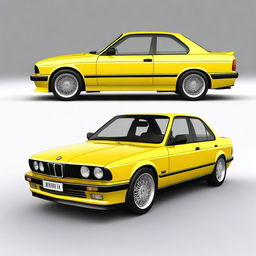 Generate an image of a yellow BMW E34 series car with a low ride