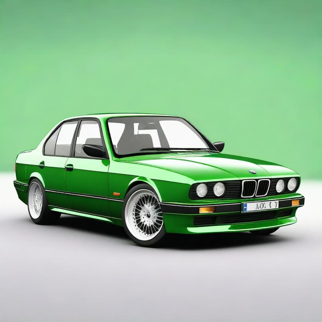 Generate an image of a green BMW E34 series car with a low ride