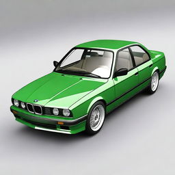 Generate an image of a green BMW E34 series car with a low ride