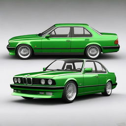 Generate an image of a green BMW E34 series car with a low ride