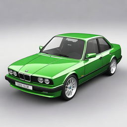 Generate an image of a green BMW E34 series car with a low ride