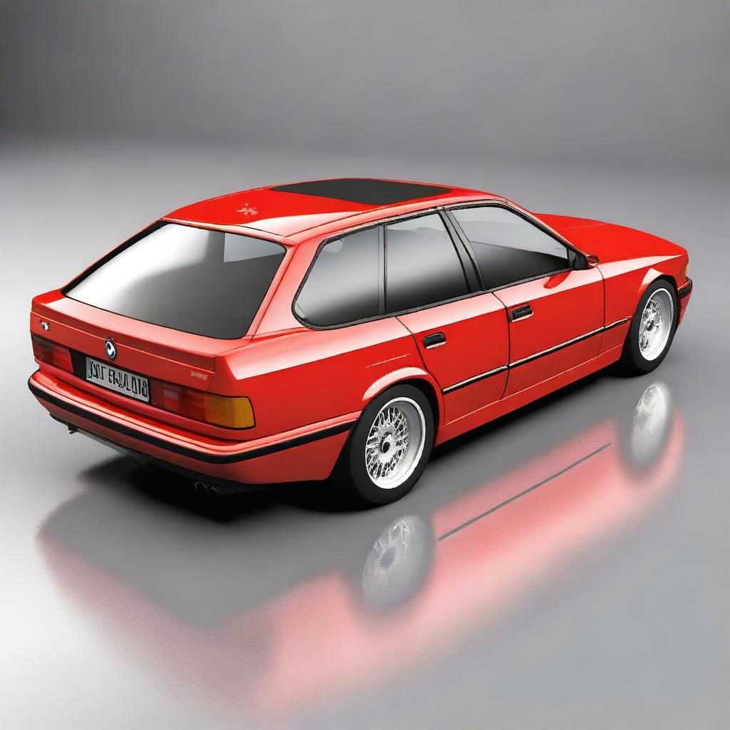 Generate an image of a red BMW E34 series car with a low ride