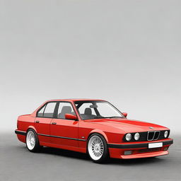 Generate an image of a red BMW E34 series car with a low ride