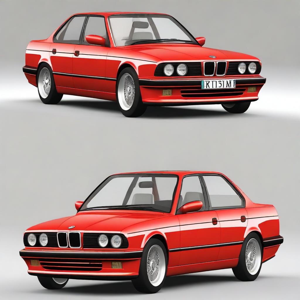 Generate an image of a red BMW E34 series car with a low ride