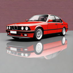 Generate an image of a red BMW E34 series car with a low ride