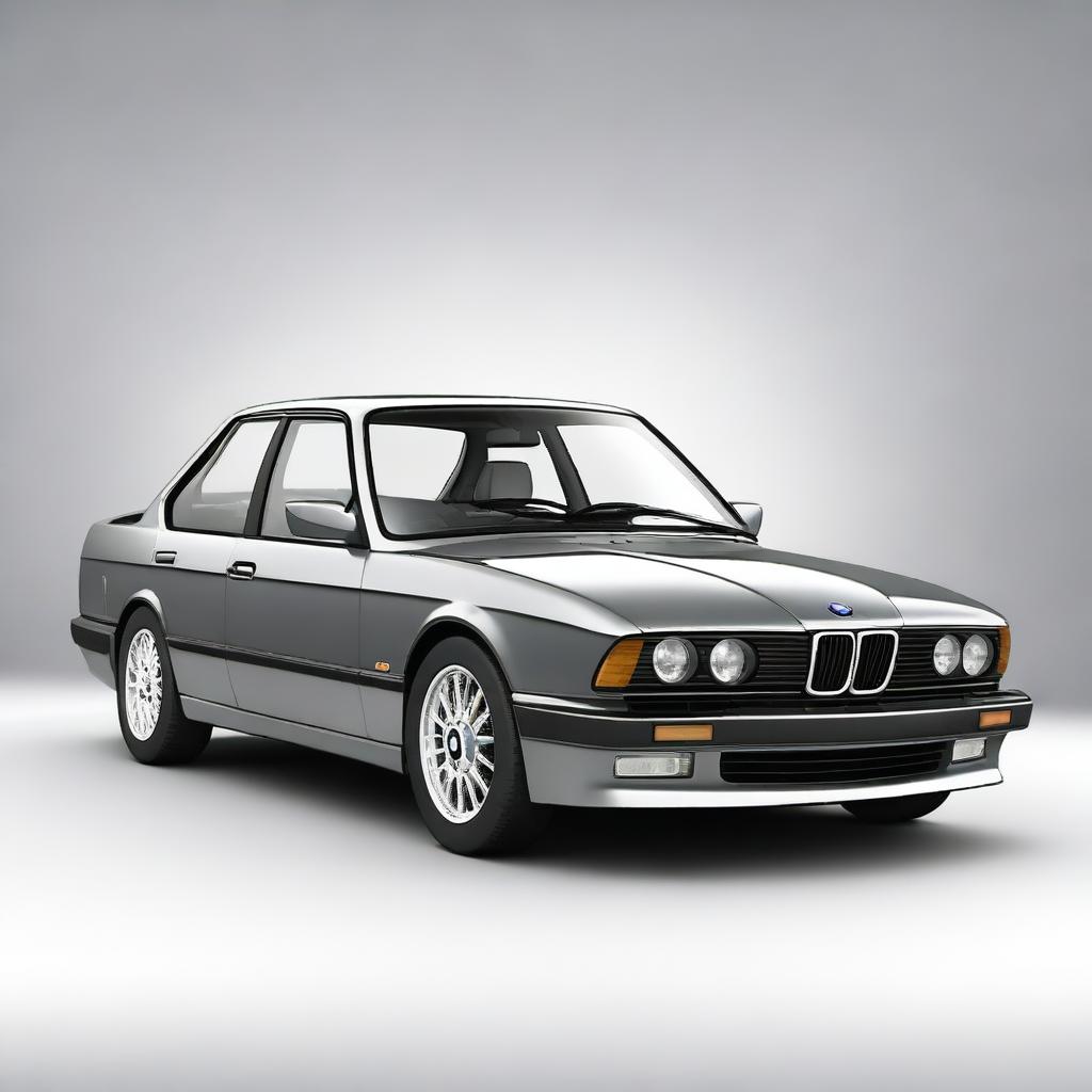 Create an image of a BMW E34 series car with a gray exterior and white leather interior.