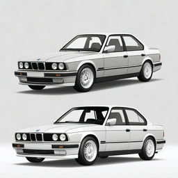 Create an image of a BMW E34 series car with a gray exterior and white leather interior.