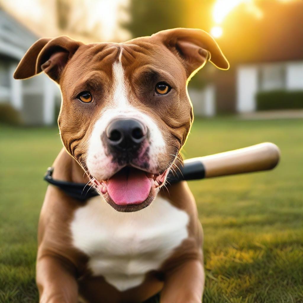 A pitbull dog is biting a baseball bat