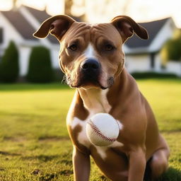 A pitbull dog is biting a baseball bat