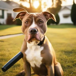 A pitbull dog is biting a baseball bat