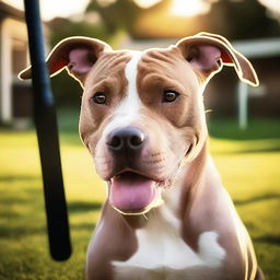 A pitbull dog is biting a baseball bat