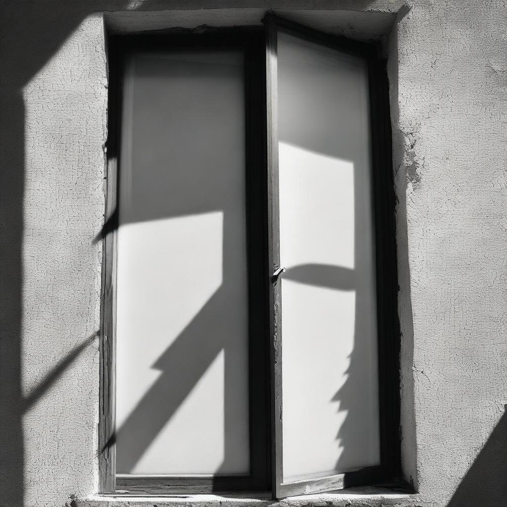 Create a long shot image of a shadow falling outside a window alongside the facade of a house