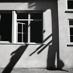 Create a long shot image of a shadow falling outside a window alongside the facade of a house