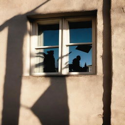 Create a long shot image of a shadow falling outside a window alongside the facade of a house