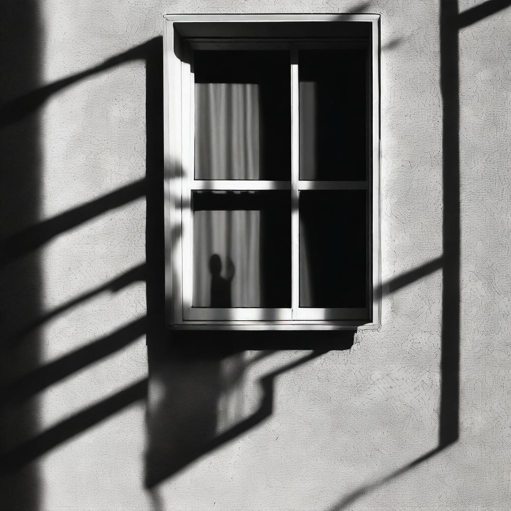 Create a long shot image of a shadow falling outside a window alongside the facade of a house