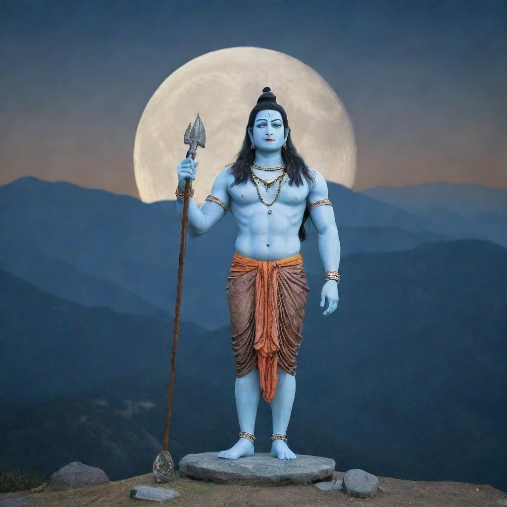 A full-body, still image visualization of Bholenath, also known as Lord Shiva, in a calm, meditative posture with a trishul or trident in the backdrop. He displays tranquil and serene features, with moon crescent on his head, against a Himalayan foothill setting.