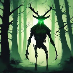 A bizarre humanoid forest creature with elongated limbs and antlers is seen stalking through a dark forest