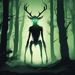 A bizarre humanoid forest creature with elongated limbs and antlers is seen stalking through a dark forest